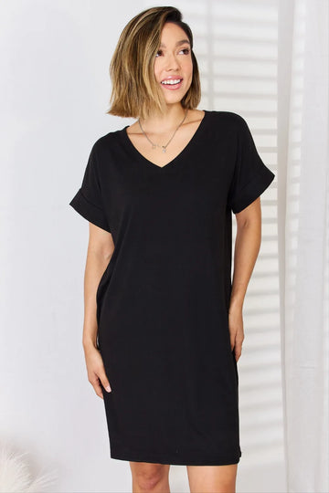 Full Size Rolled Short Sleeve V-Neck Dress DJPT